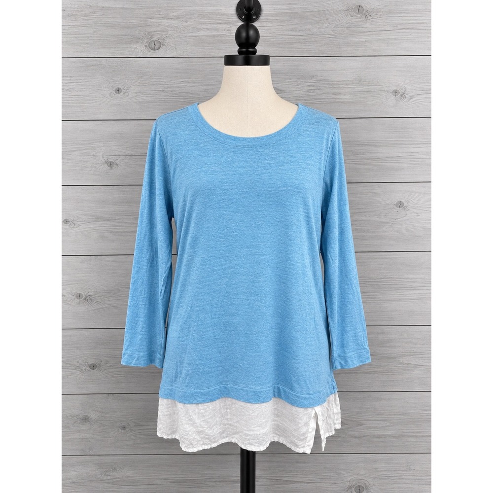J. Jill Love Linen Layered Hem Top Large Blue White Long Sleeve Scoop Neck Flaw